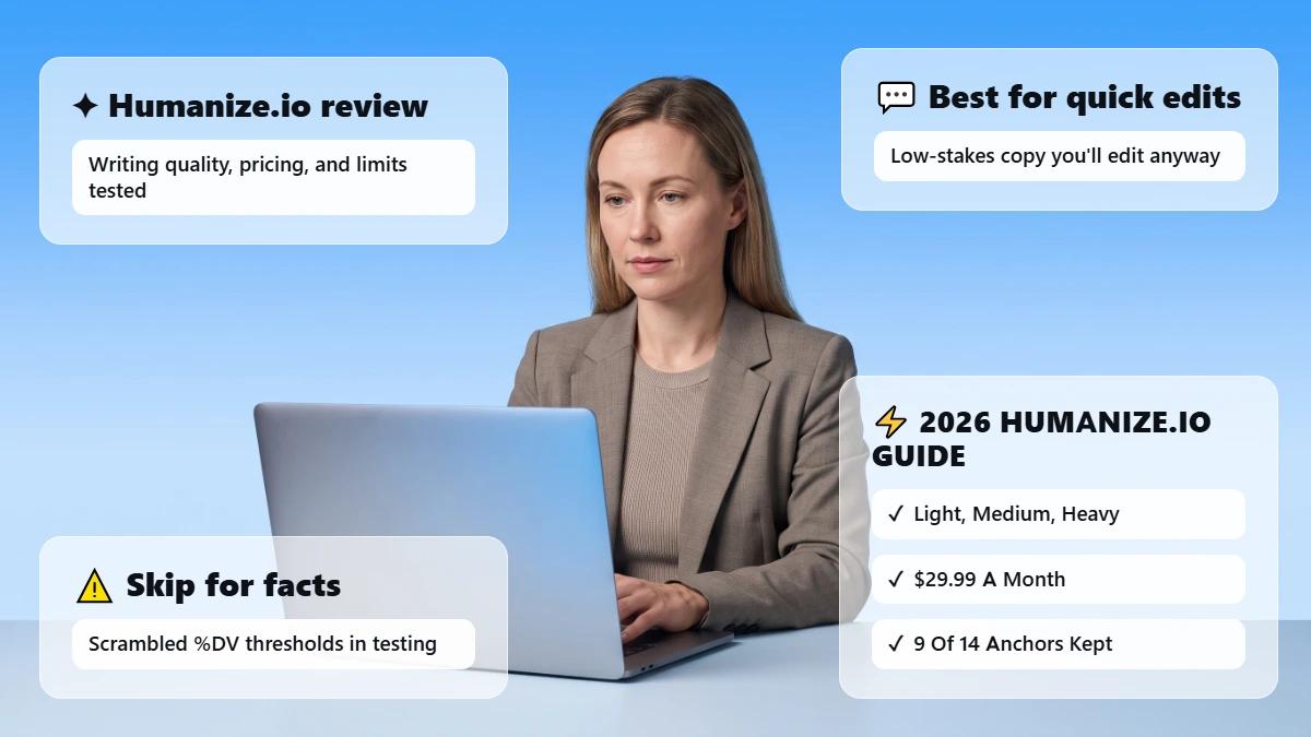 Header image for the Humanize.io review with verdict cards