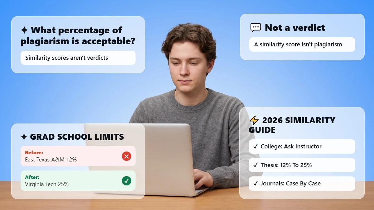 Student at laptop beside glass cards on acceptable plagiarism percentages