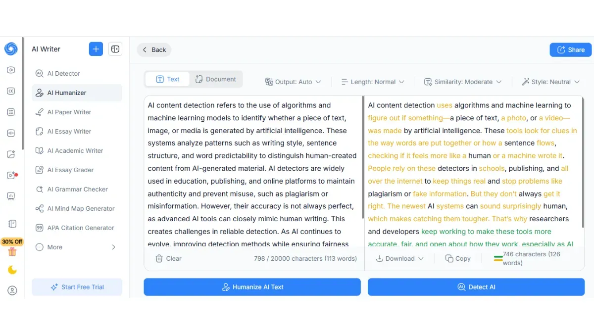 NoteGPT humanizer test: show original ChatGPT input and humanized output side by side 